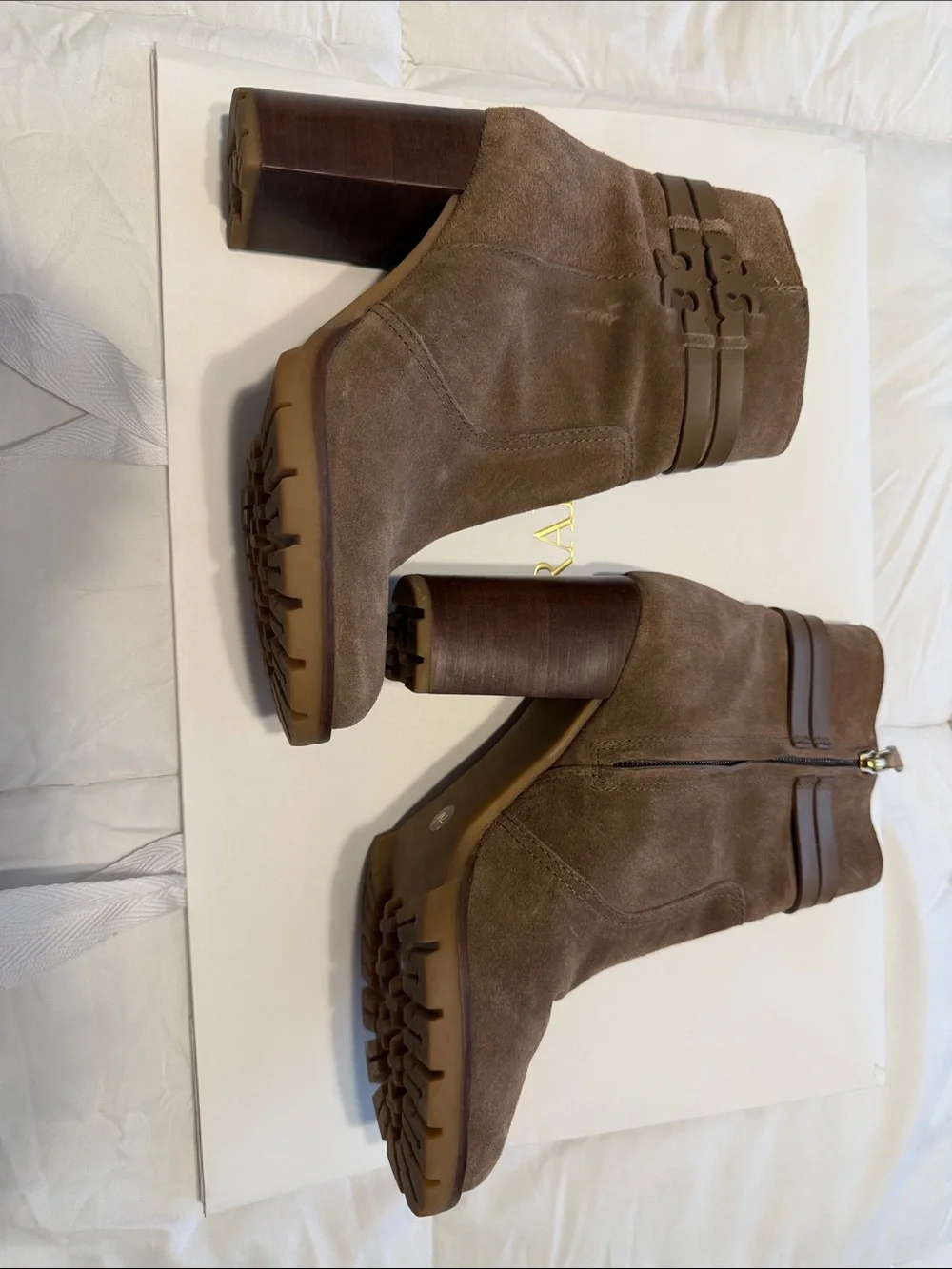 Tory Burch Brown Suede Ankle Booties with Logo Strap